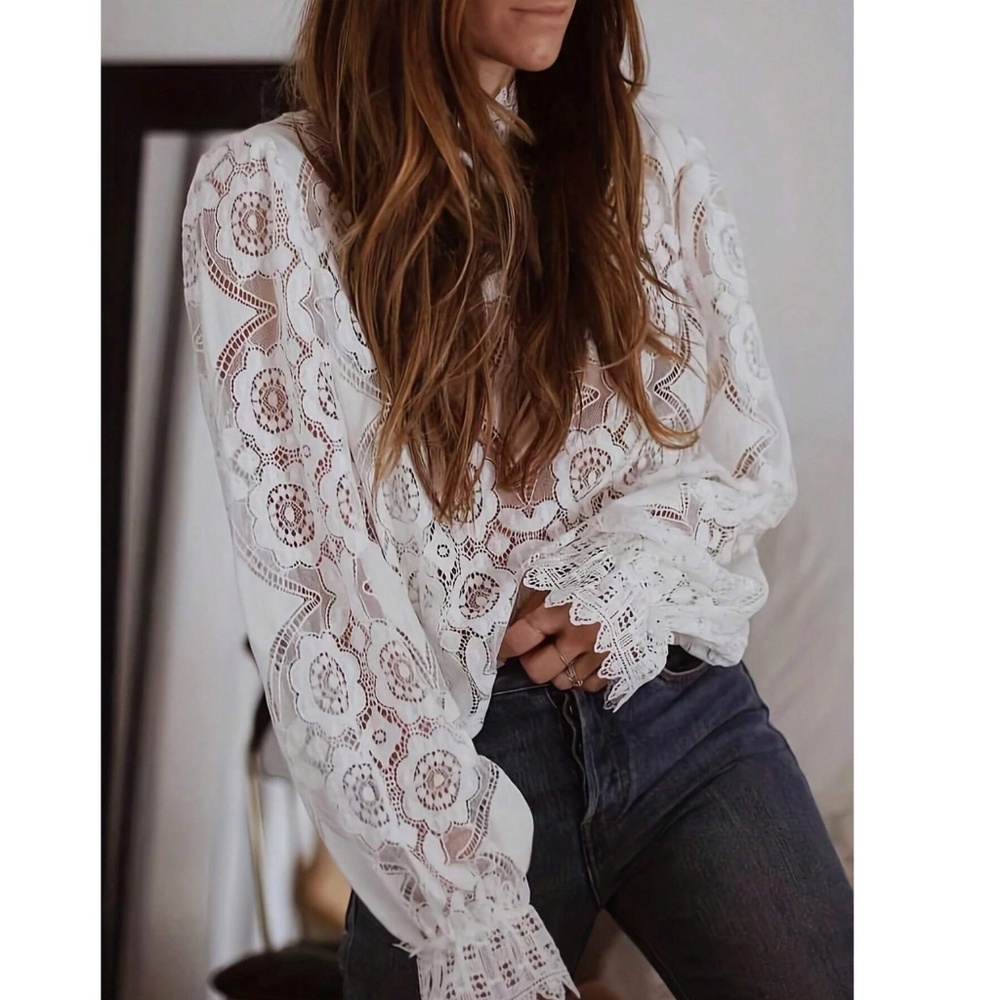 White Lace High Neck Long Sleeve Shirt - Picture 5 of 16